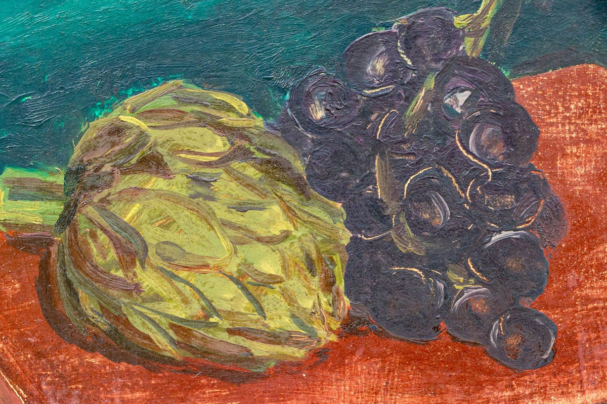 Copeland Burg Oil Painting Still Life Artichoke and Grapes, Mid-20th Century
