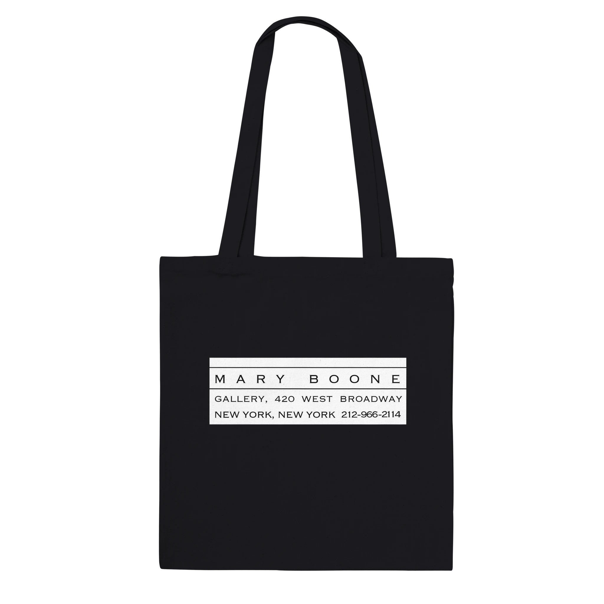 A black canvas tote bag with the Mary Boone Gallery logo