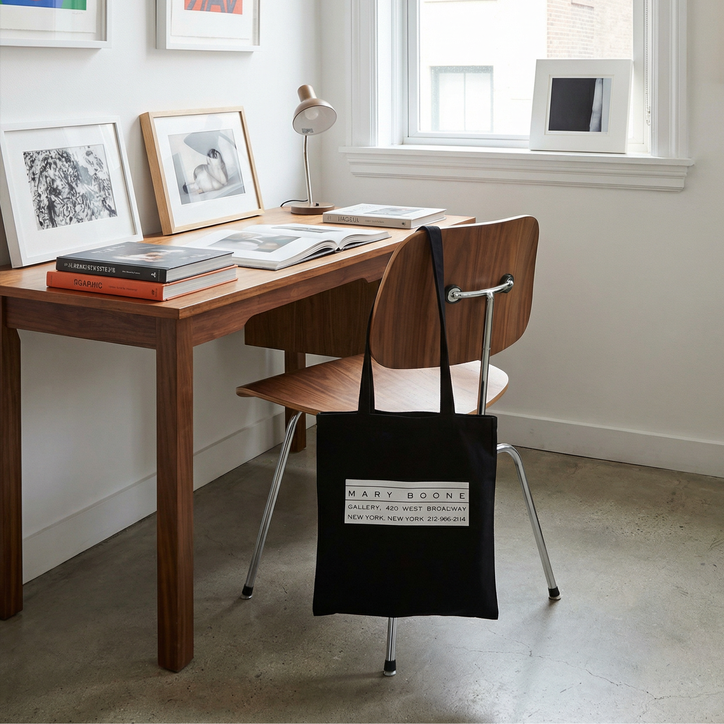 Wooden desk with books, a lamp, and framed pictures in a room with a window.