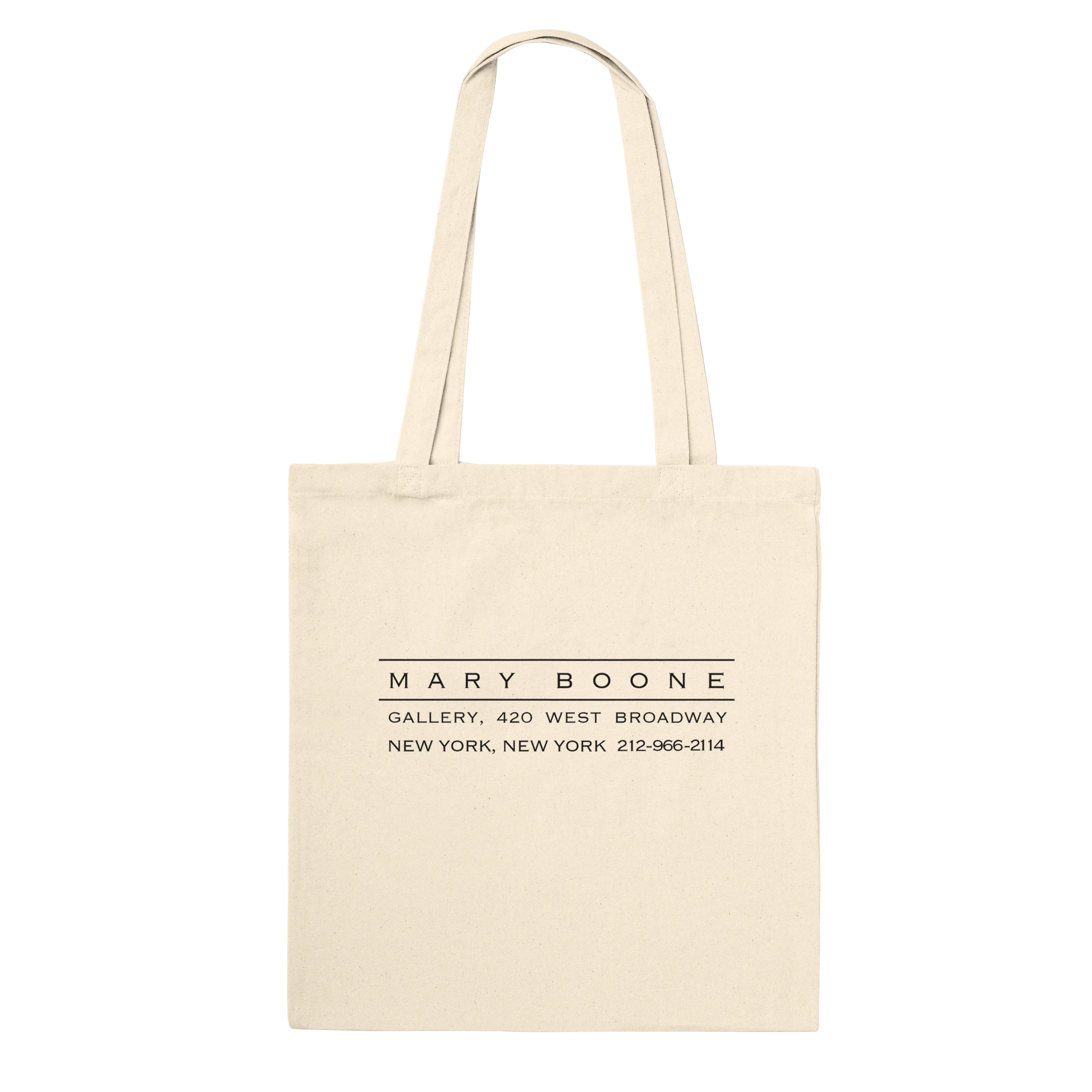 A natural canvas tote bag with the Mary Boone Gallery logo