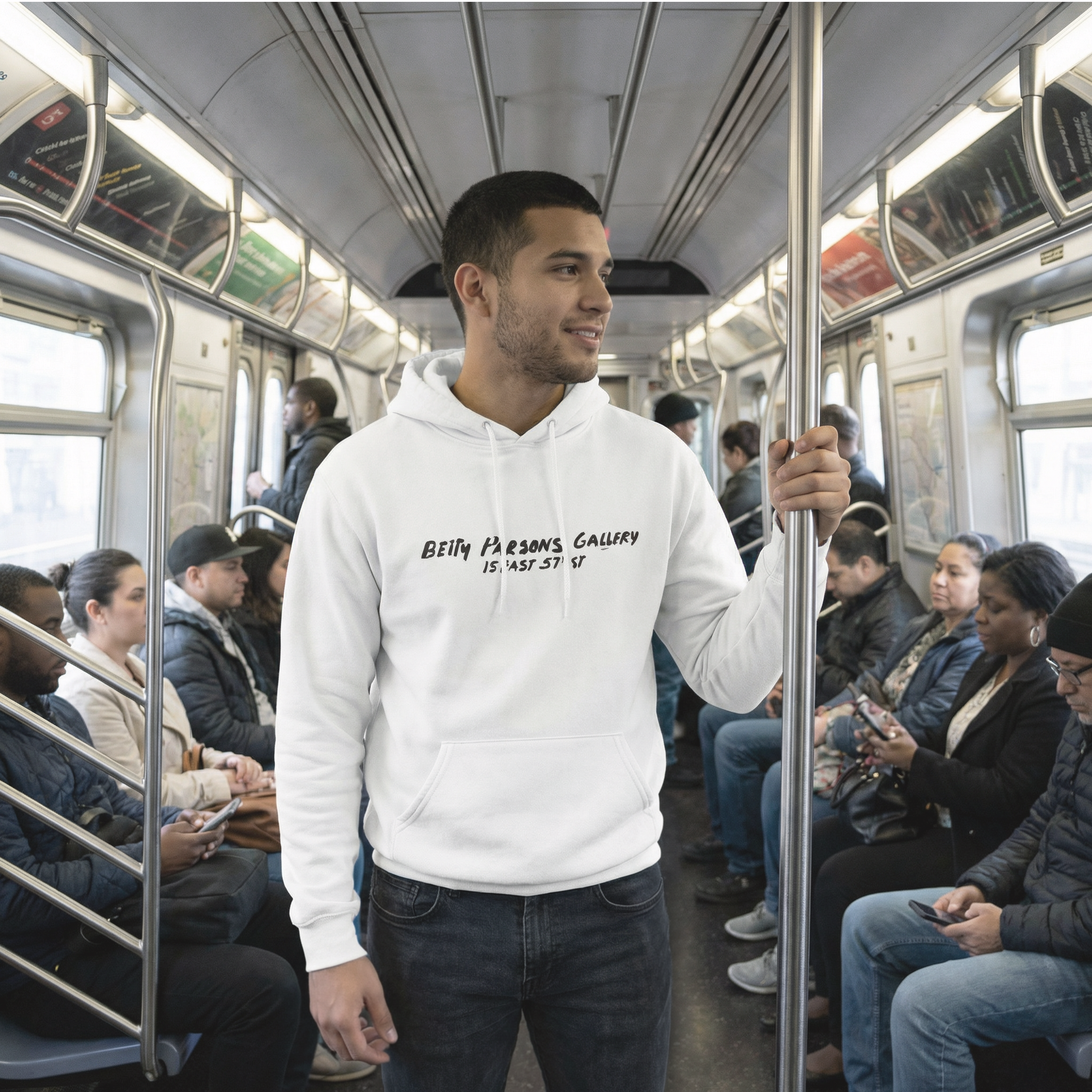 Man wearing a white hoodie with Betty Parsons Gallery logo on a subway train