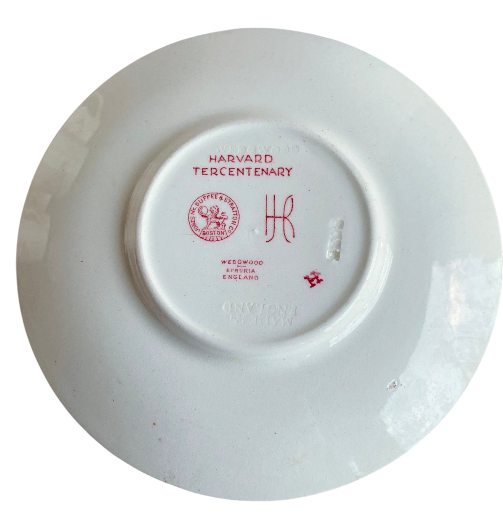White plate with 'Harvard Tercentenary' and Wedgwood branding on a white background