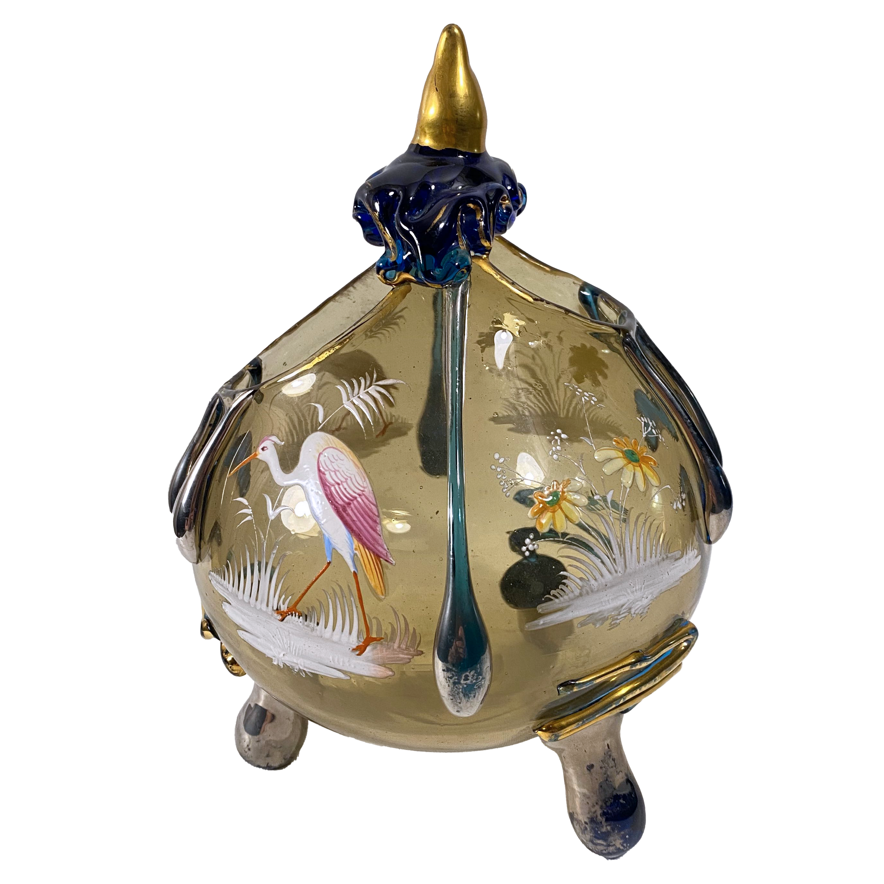 Auguste Jean Enameled Glass Tripod Vessel, France, 19th Century