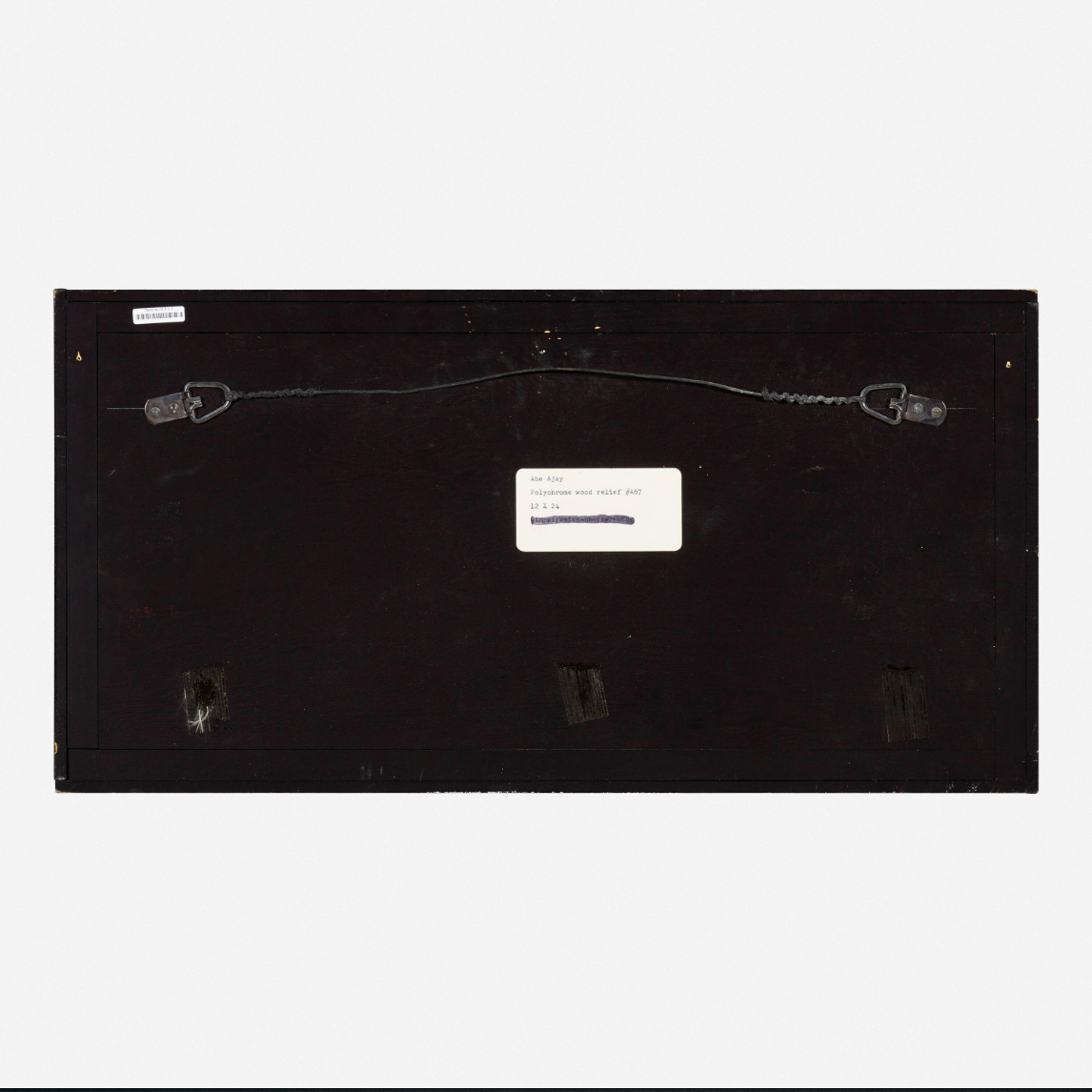 Back of a painting with visible hardware and labels on a white background