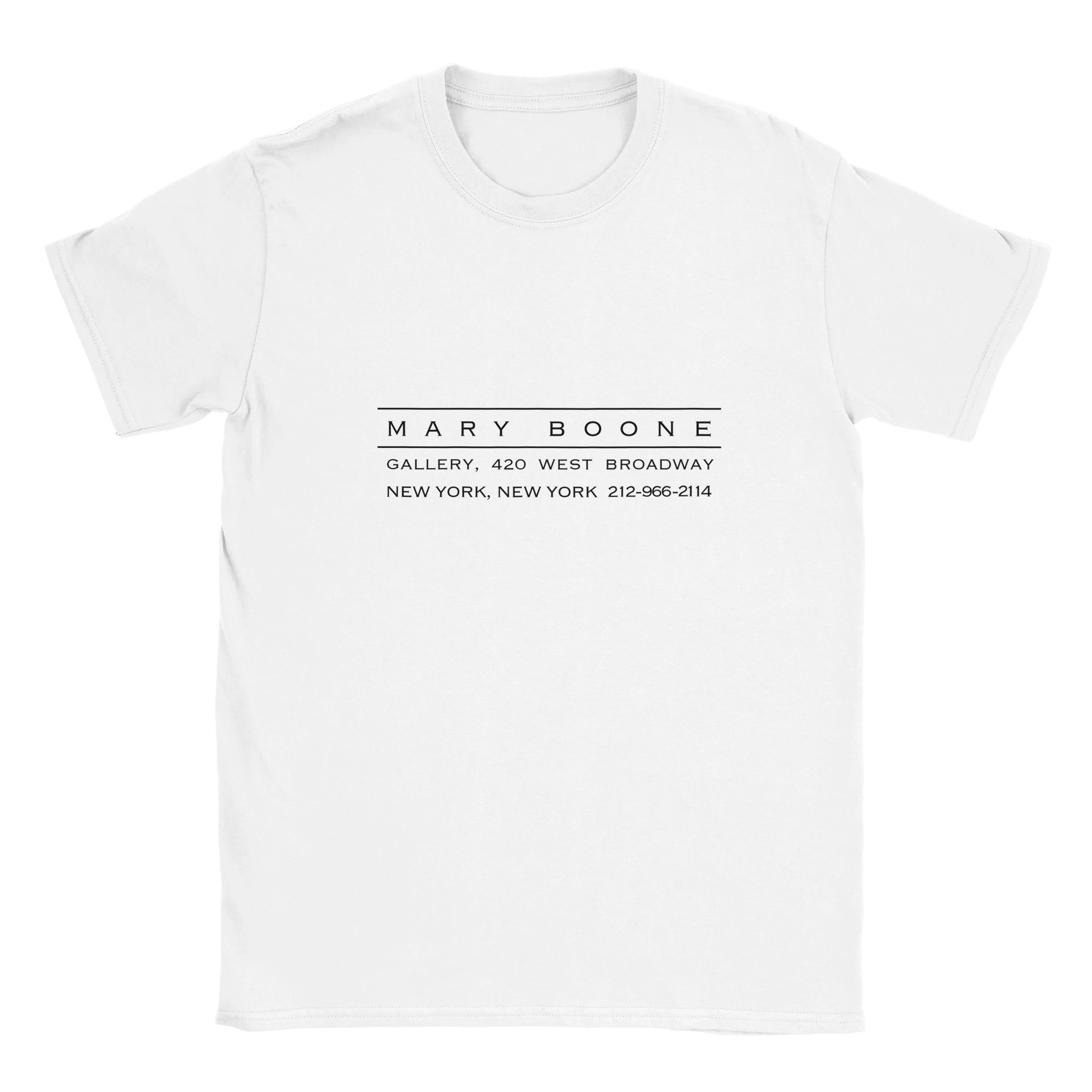 a white tshirt with Mary Boone Gallery logo
