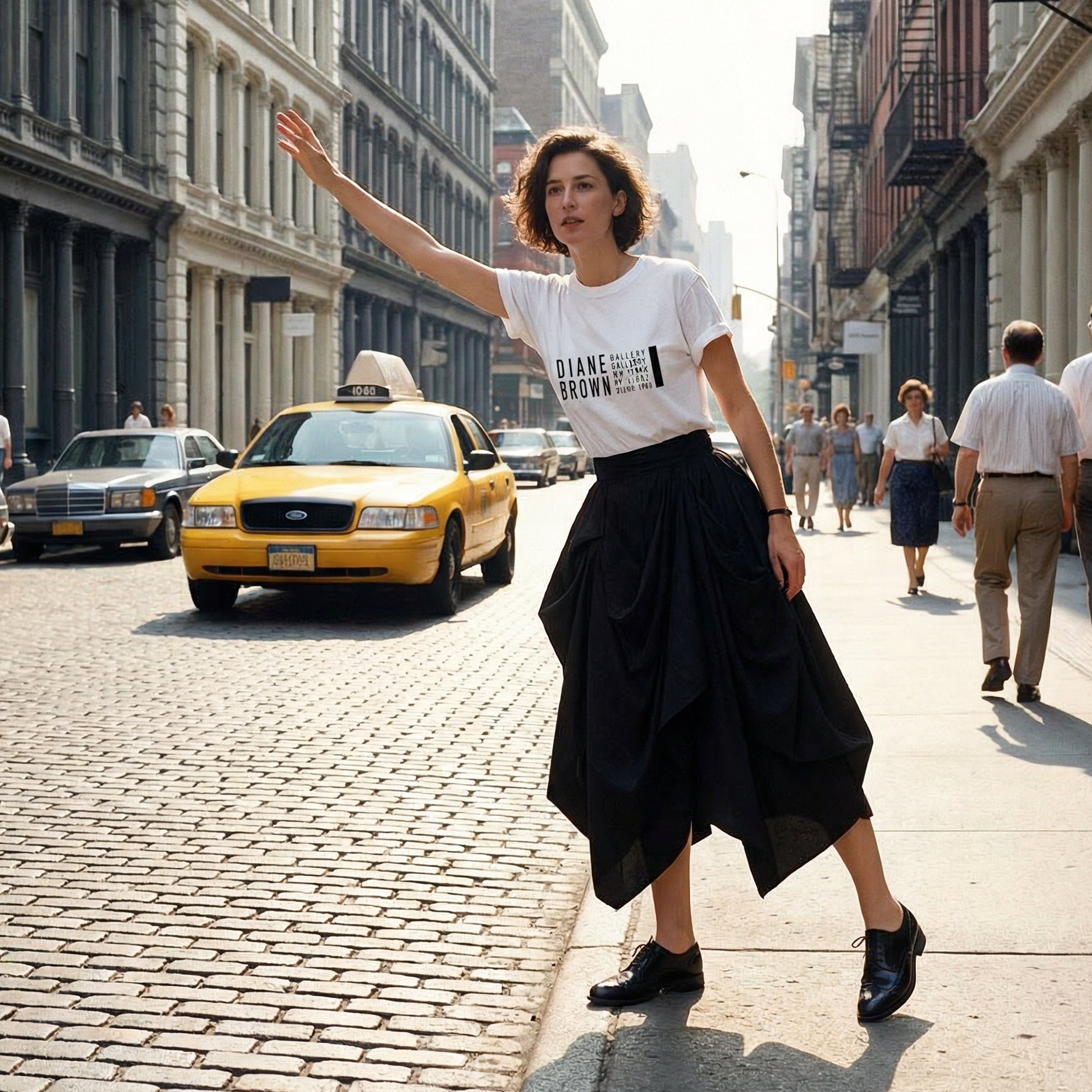 Woman standing on a city street with a taxi in the background
