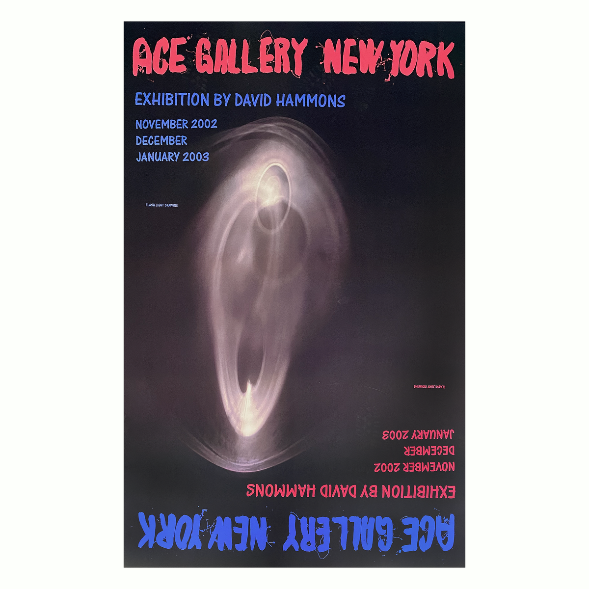 A poster for the 'Exhibition by David Hammons' at Ace Gallery, New York, featuring a dark abstract artwork with a glowing, swirling oval shape in the center. The text 'ACE GALLERY NEW YORK' is printed in large red letters at the top, and additional text is printed in blue and red at the bottom.
