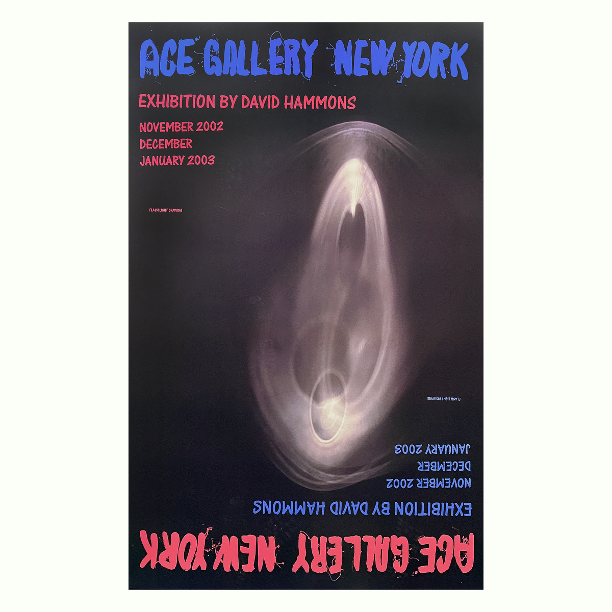 A poster for the 'Exhibition by David Hammons' at Ace Gallery, New York, featuring a central abstract white and gray form against a dark background with blue and red text.