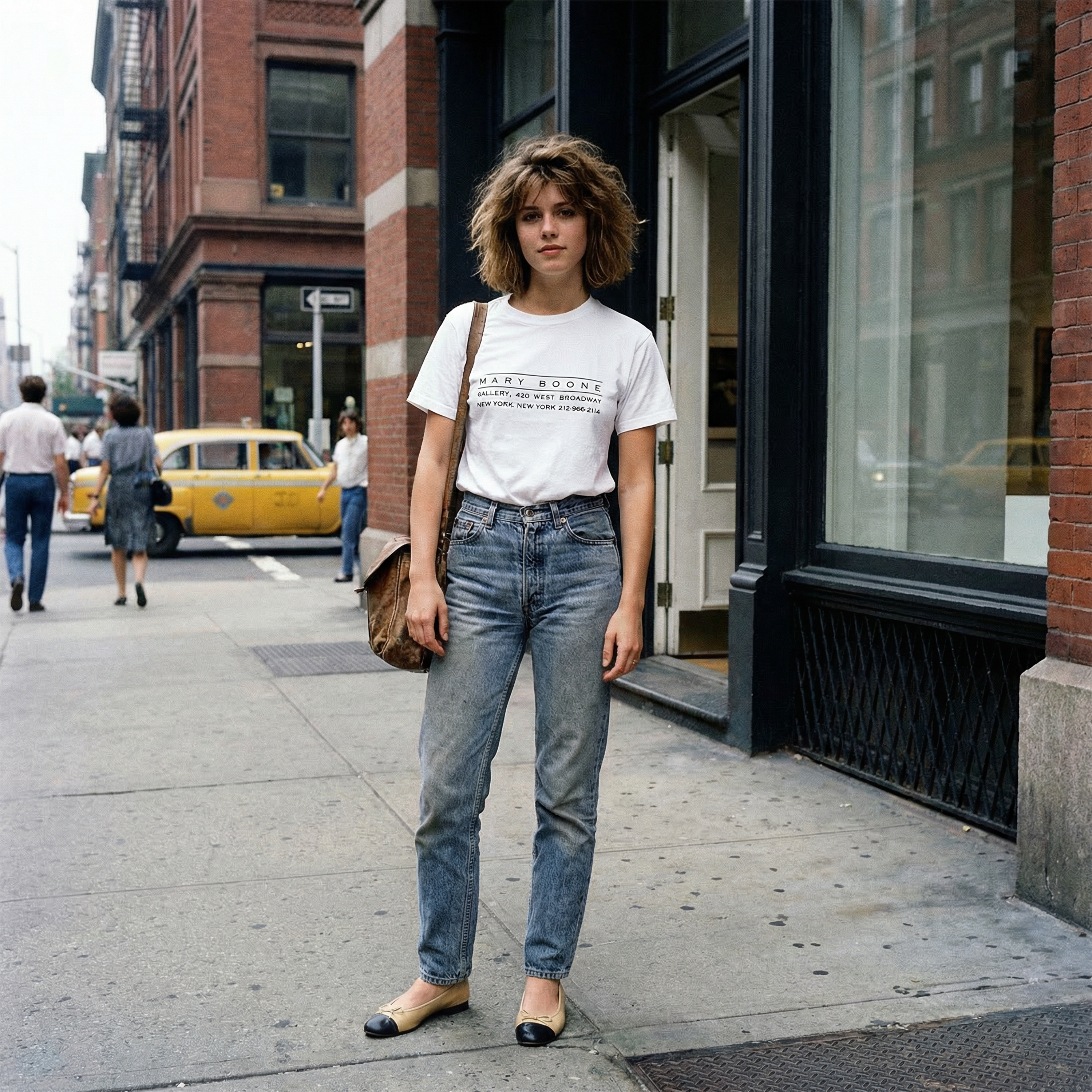 Woman standing on a city street wearing a white t-shirt and blue jeans.