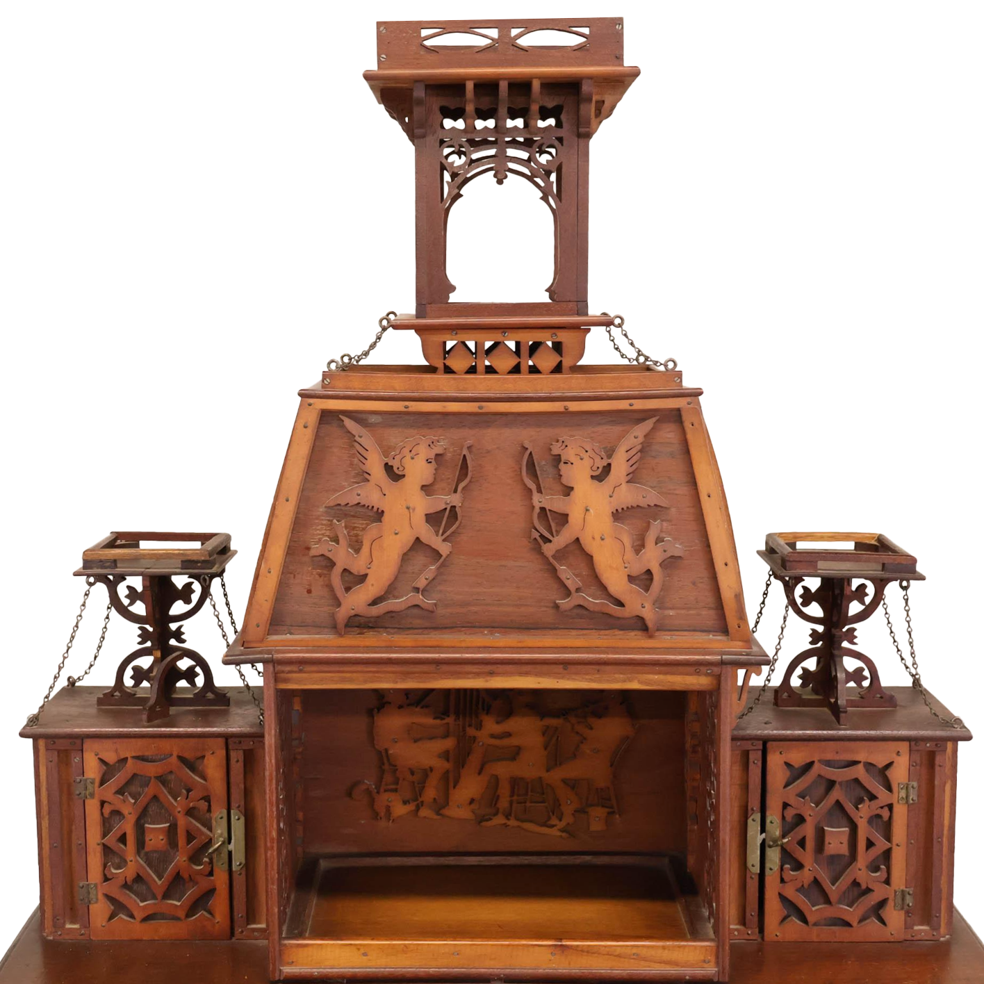 Decorative wooden cabinet with intricate carvings on a white background